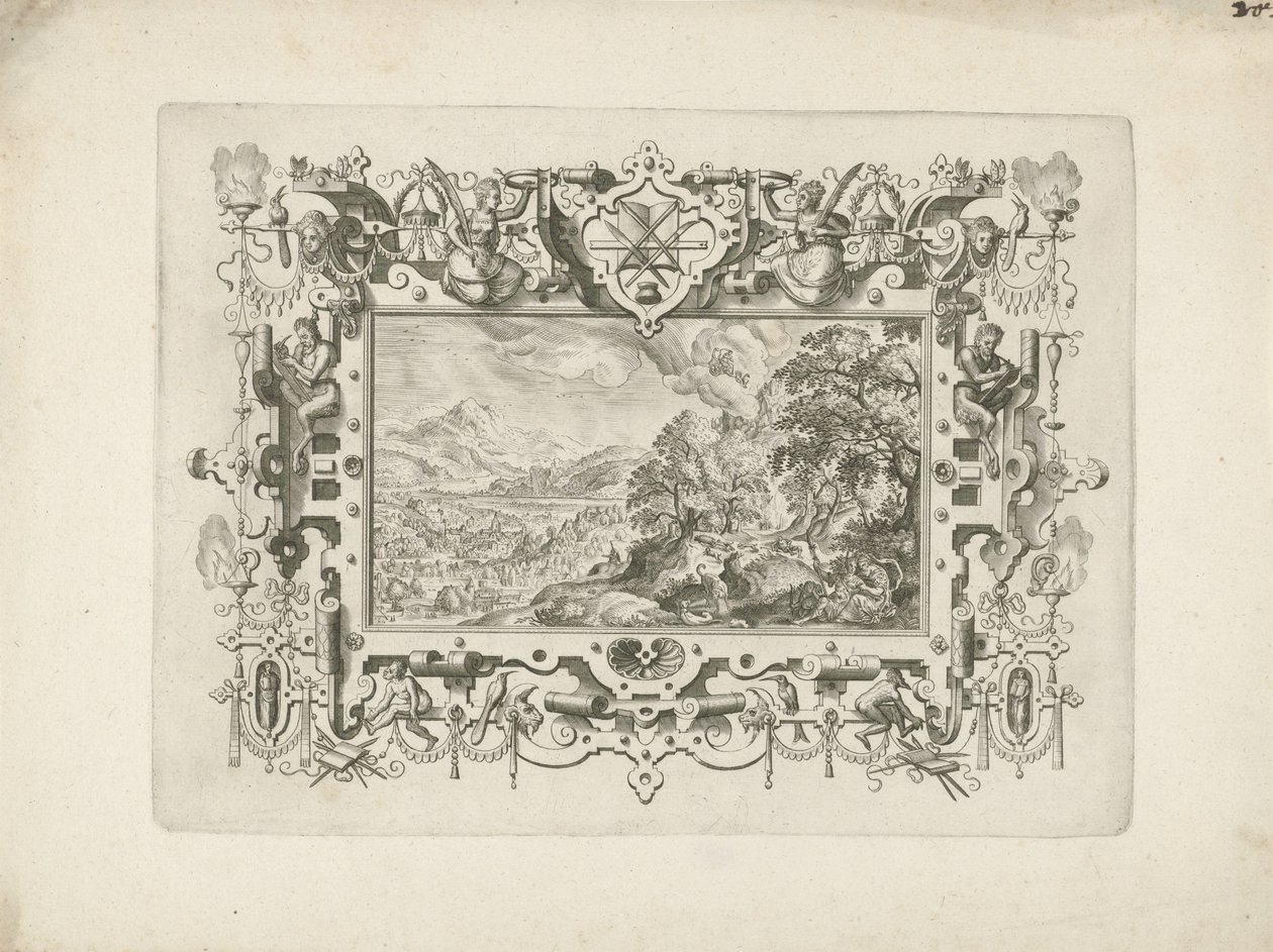 Ornament Ram med scrollwork och figurer, där ett landskap med Venus och Adonis av Anonymous
