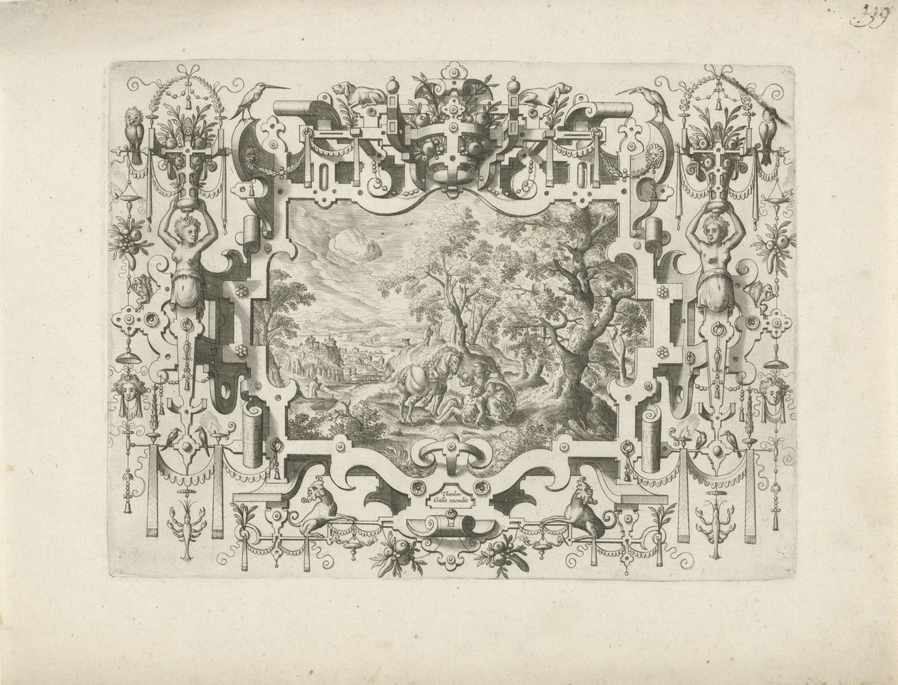 Ornament Ram med scrollwork och figurer, i vilket landskap med den barmhärtige samariten av Anonymous