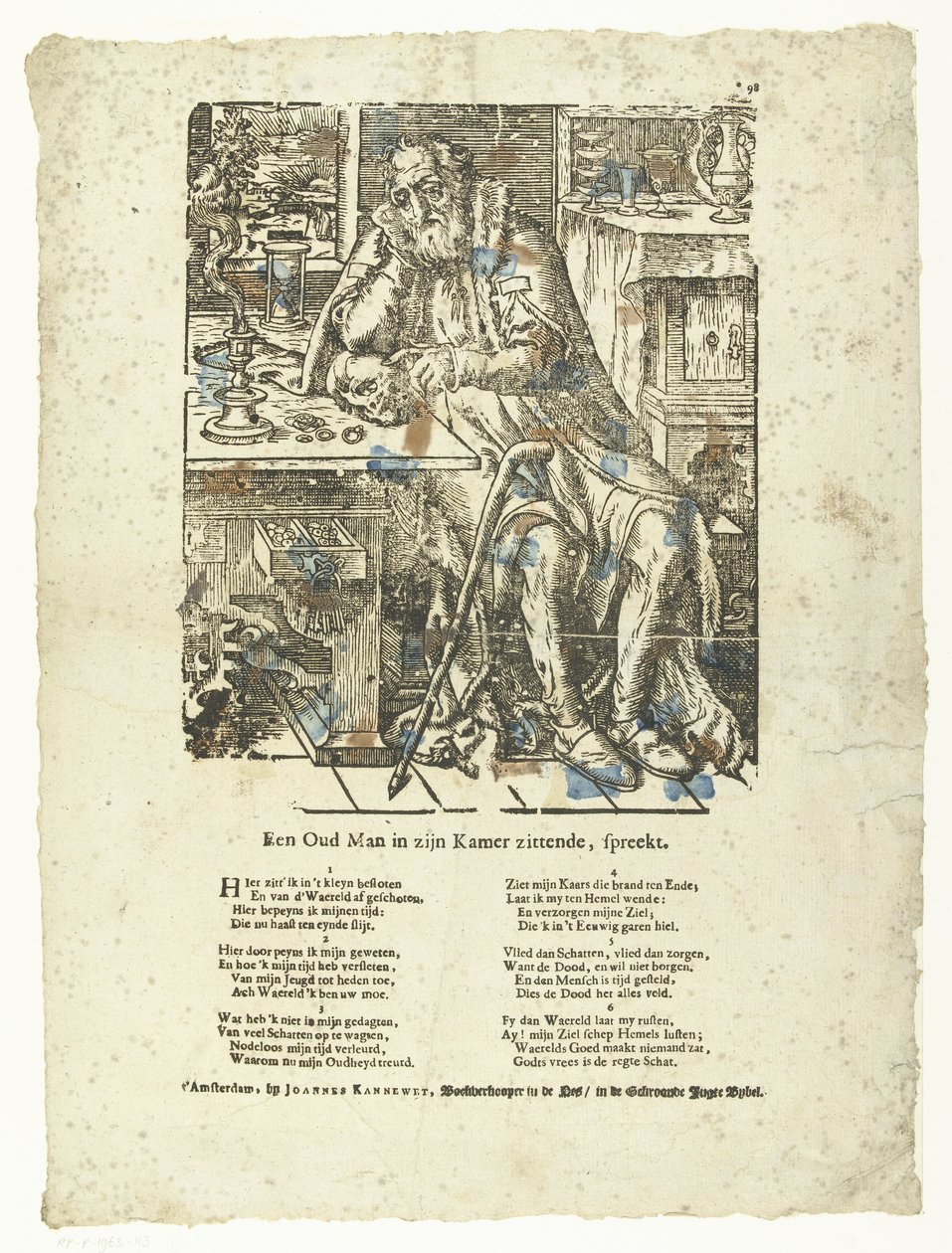 Gammal man i sitt rum (vanitas) En gammal man som sitter i sitt rum talar. (titel på objekt) av Anonymous