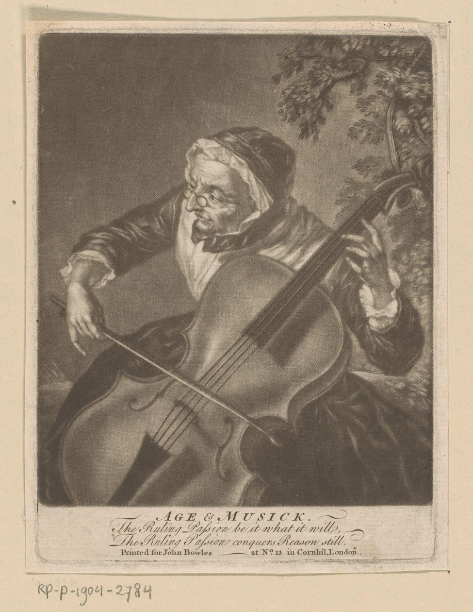 Gammal kvinna som spelar cello Ålder och musik (titel på objekt) av Anonymous