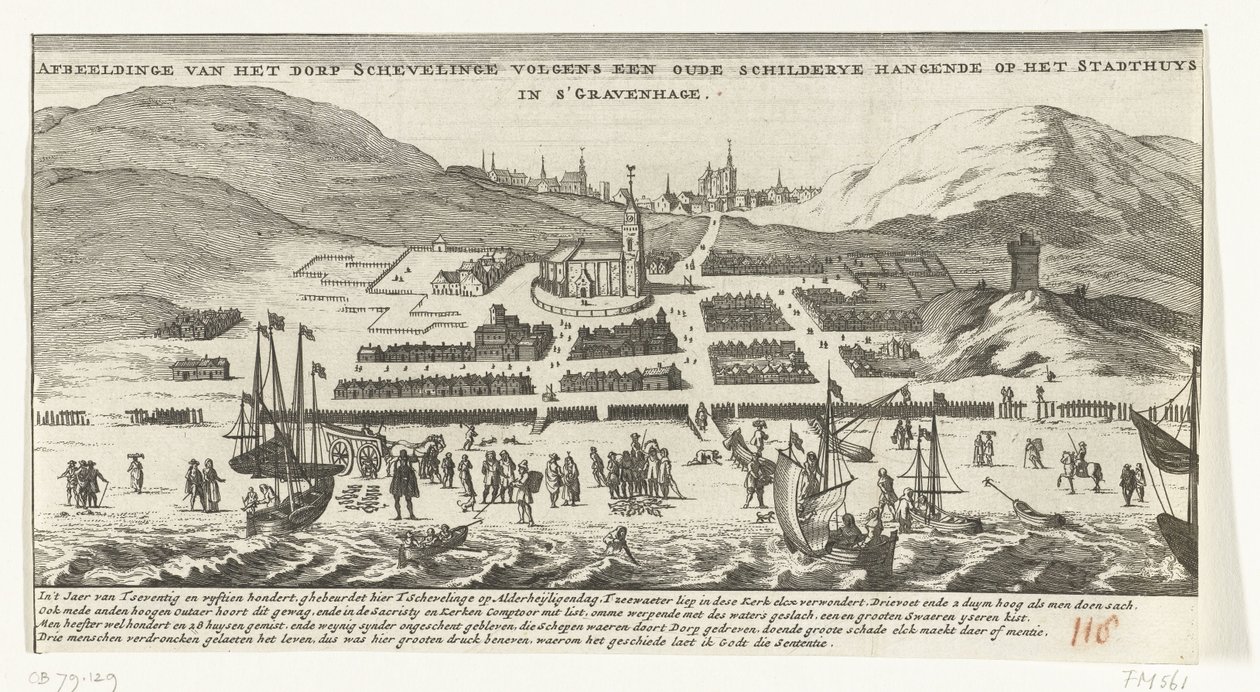 Översvämning i Scheveningen på alla helgons dag den 1 november 1570 Bild av byn Schevelinge enligt en gammal målning som hänger på Stadthuys i Haag (titel på objektet) av Anonymous