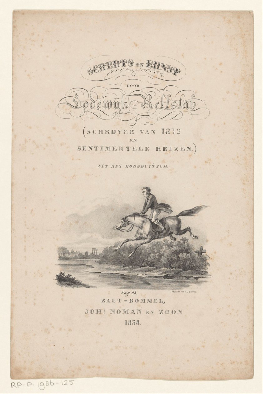 Hästen hoppar över floden Titelsida för: Lodewijk Rellstab, Skämt och allvar, 1838 av Anonymous