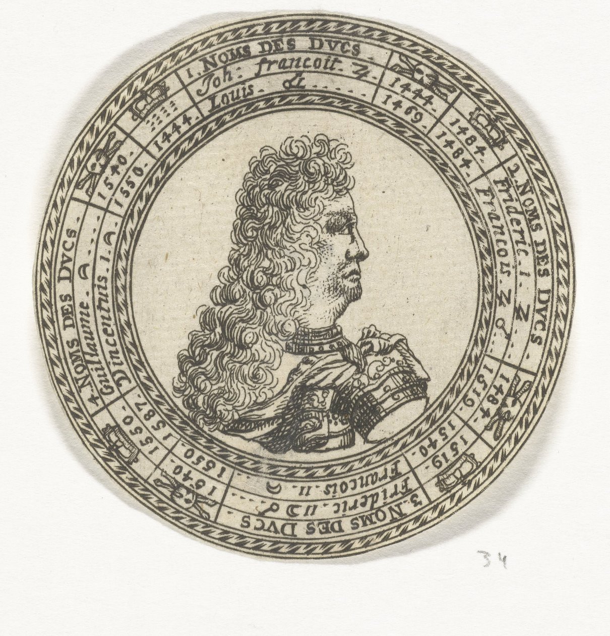 Medalj med porträttet av Ferdinand Karl III och namnen på hertigarna av Mantua av Anonymous