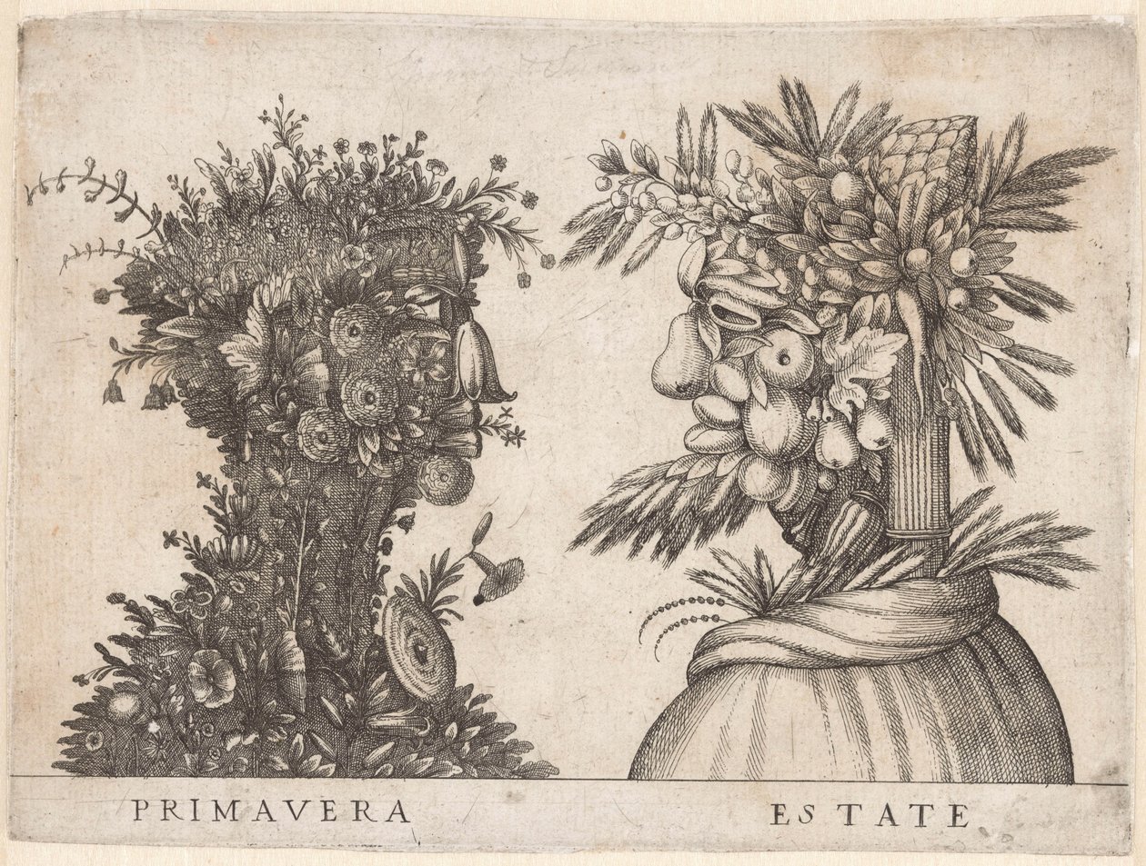 Personifieringar av de fyra årstiderna Vår och sommar skildras av groteska huvuden Primavera / Estate (titel på objekt) av Anonymous