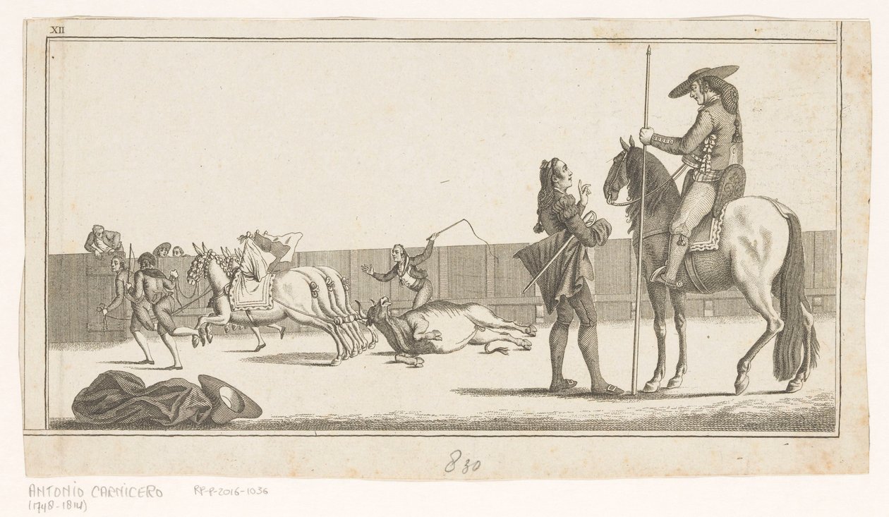 Picador och matador efter att ha dödat tjuren Coleccion de las principales suertes de una corrida de toros (serietitel på objekt) Samling av de viktigaste tjurfäktningsmanövrarna (serietitel) av Anonymous