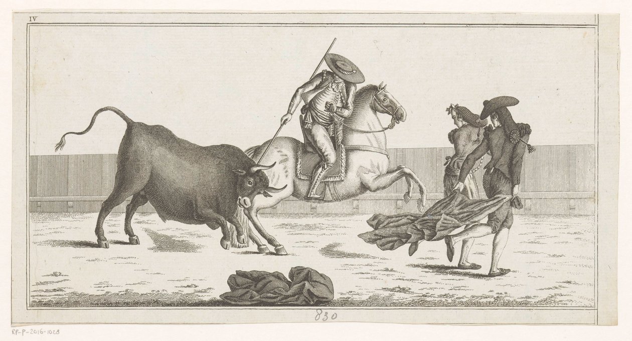 Picador kastar sin lans i en tjur Coleccion de las principales suertes de una corrida de toros (serietitel på objekt) Samling av de viktigaste manövrarna inom tjurfäktning (serietitel) av Anonymous