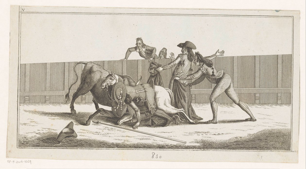 Picador ramlade av sin häst Coleccion de las principales suertes de una corrida de toros (serietitel på objekt) Samling av de viktigaste tjurfäktningsmanövrarna (serietitel) av Anonymous