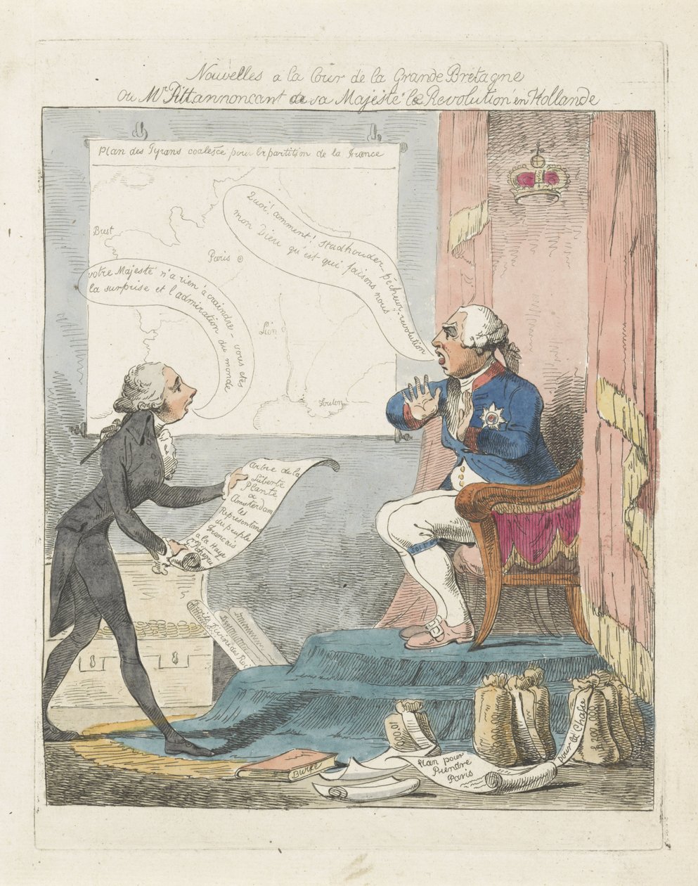 Pitt medför George III det nya över de revolutie i Nederland, 1795 Nyheter vid domstolen i Storbritannien eller Mr. Pitt som tillkännager för hans majestät revolutionen i Holland (titel på objekt) av Anonymous