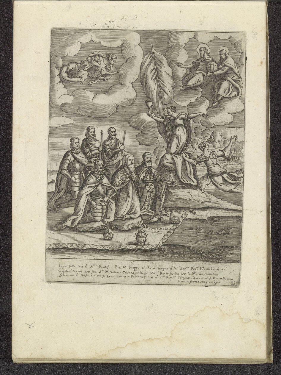 Pius V, Philip II, Alvise I Mocenigo, Sebastiano Vernier, Marcantonio Colonna och Don Juan av Österrike knäböjer inför tron Scener ur det venetianska livet (serietitel) Habiti d