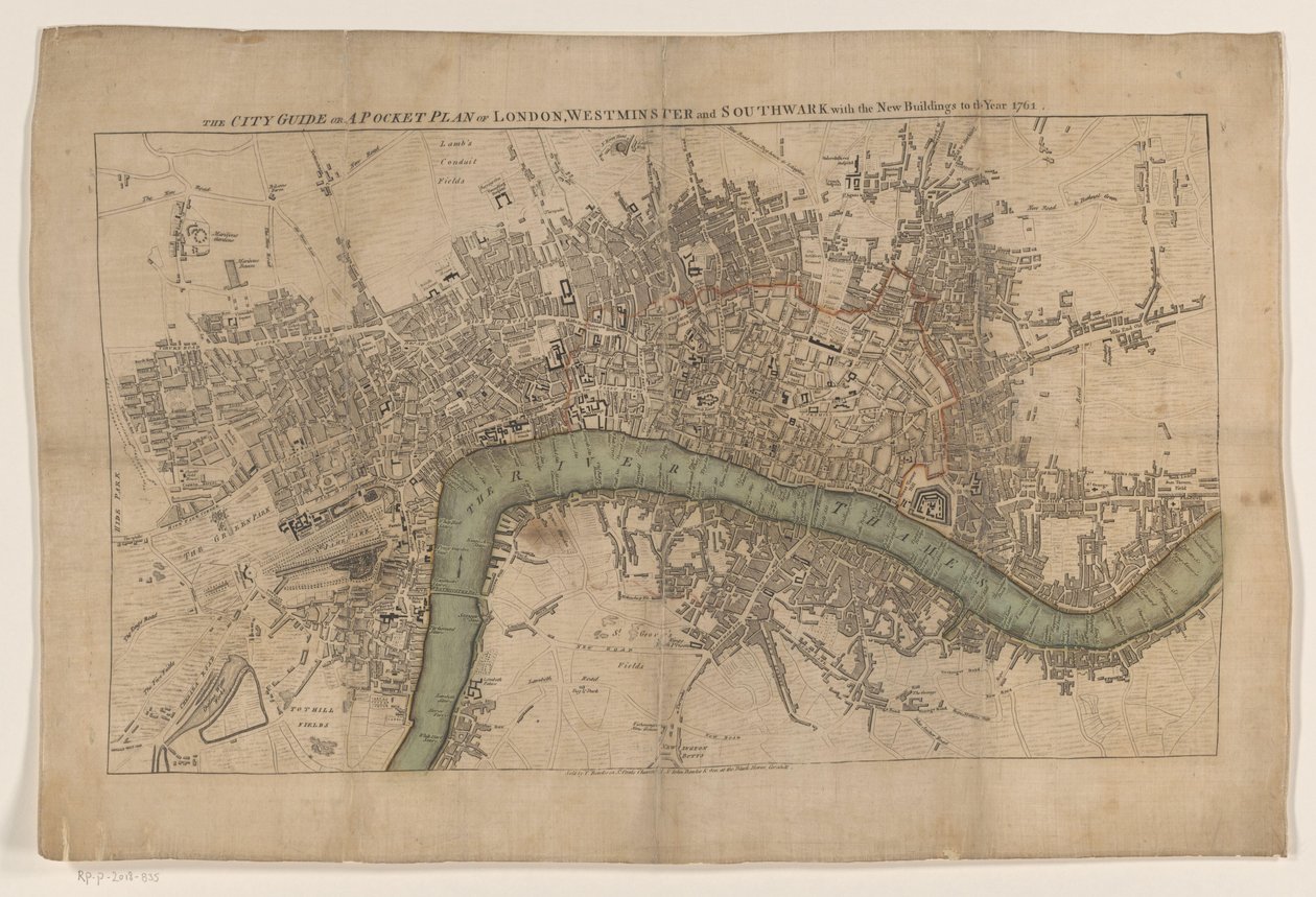 Plattegrond av London, 1761 Stadsguiden eller en fickplan över London, Westminster och Southwark med de nya byggnaderna till år 1761 (titel på objekt) av Anonymous