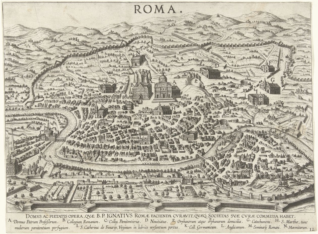 Karta över Rom som visar grunden för Ignatius av Loyola Vita beati patris Ignatii Loyolae (serietitel) Scener ur Ignatius av Loyolas liv (serietitel) av Anonymous