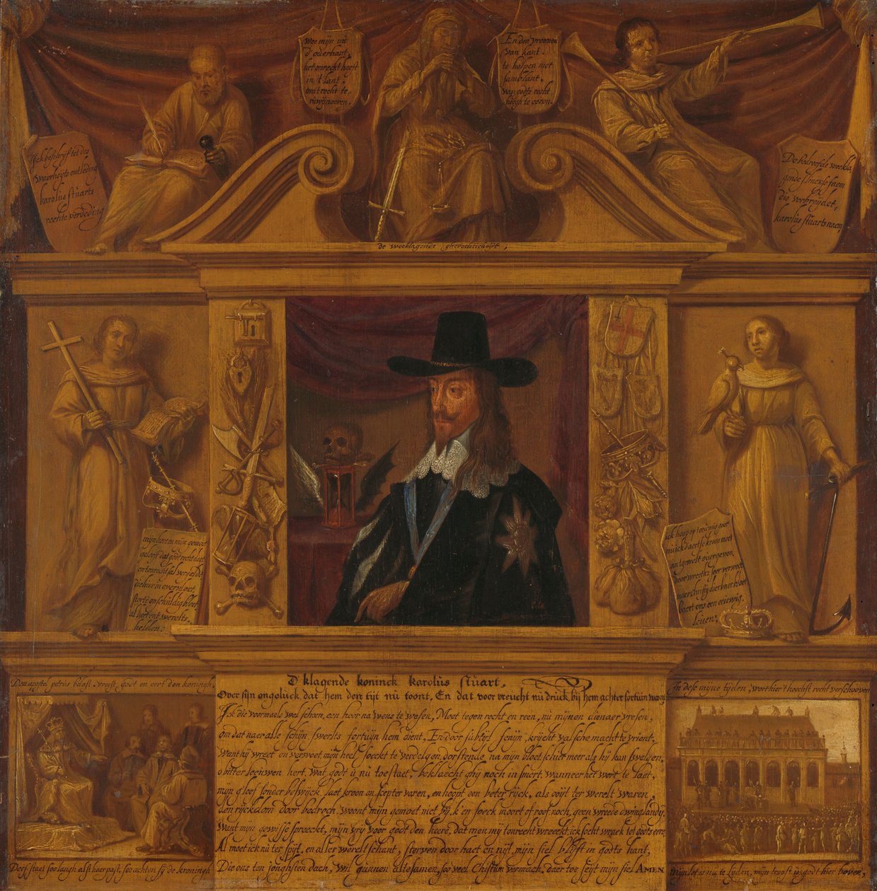 Porträtt av Charles I, kung av England, i en ram med allegoriska figurer och historiska representationer av Anonymous