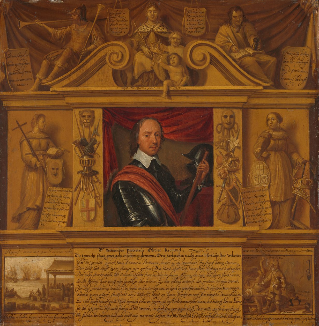 Porträtt av Oliver Cromwell, i en ram med allegoriska figurer och historiska representationer av Anonymous
