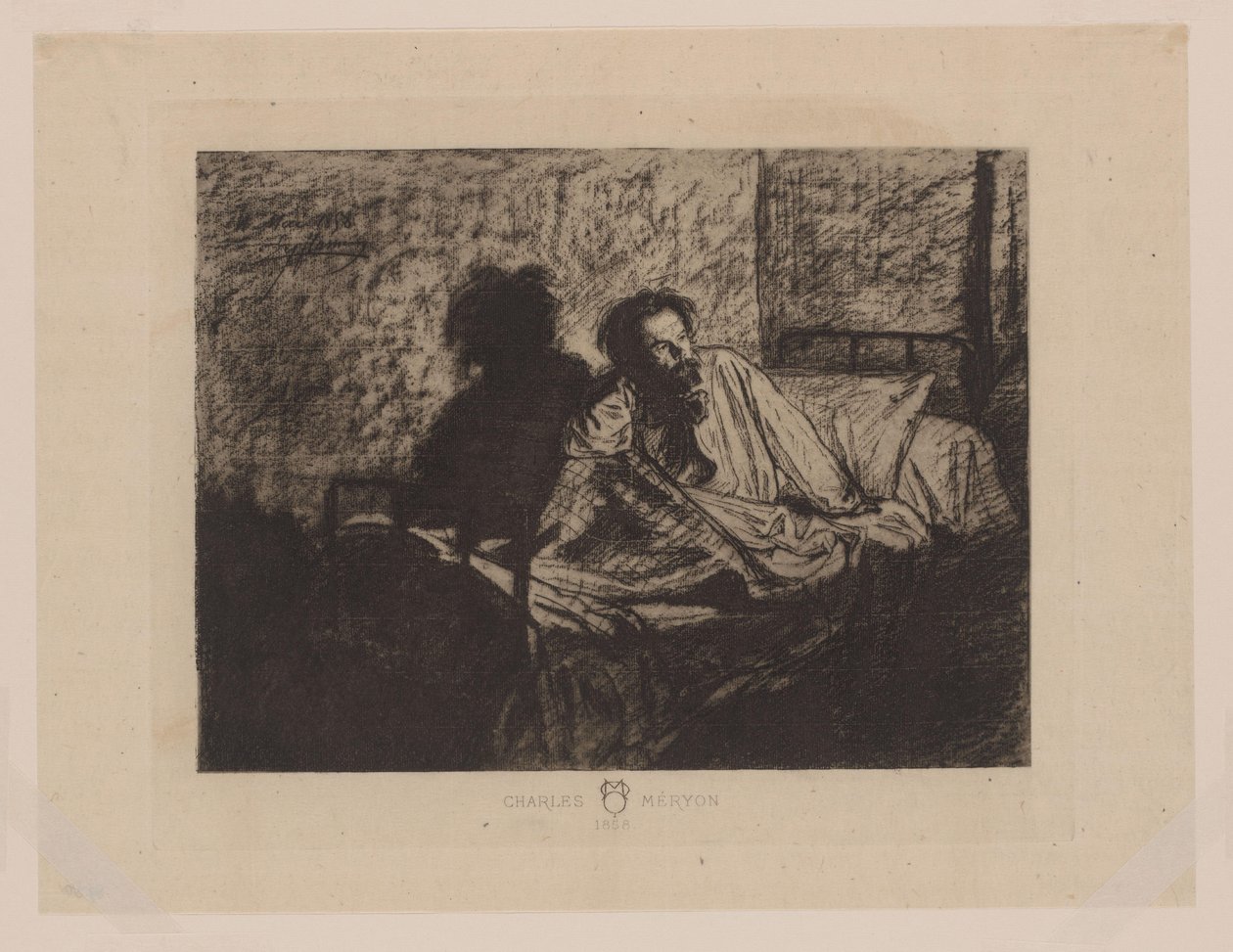 Porträtt av Charles Meryon som sitter i sängen Charles Meryon 1858 (titel på objekt) av Anonymous