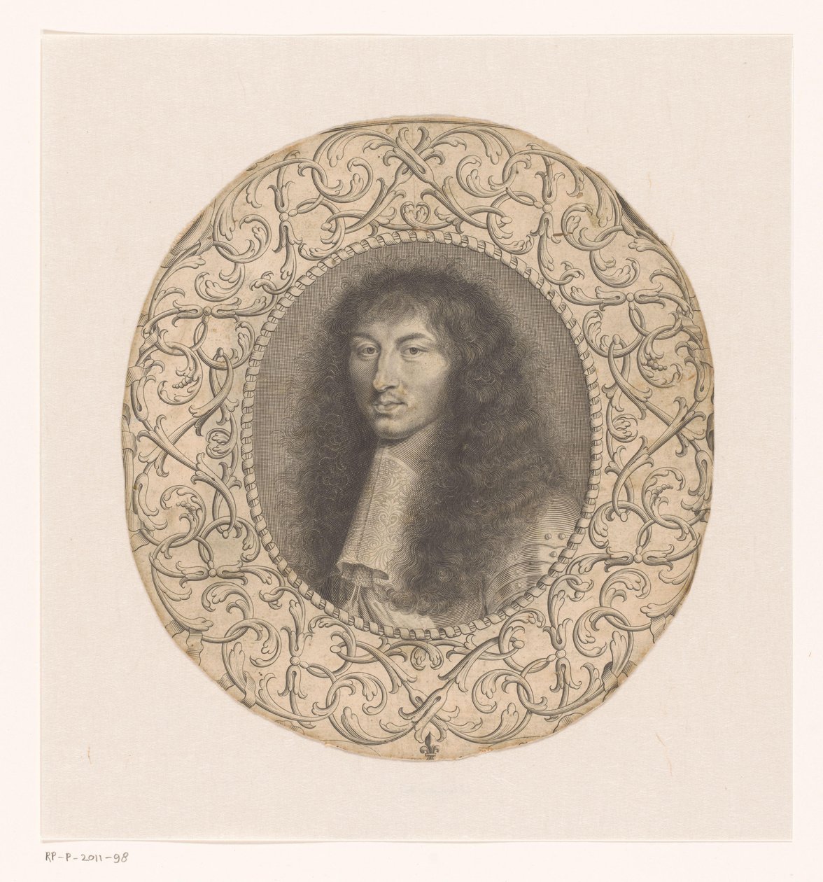 Porträtt av Ludvig XIV omgiven av en dekorativ ram med arabesker av Anonymous