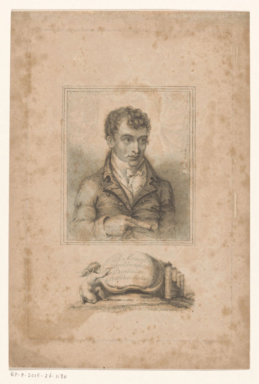 Porträtt av Robert Mount, London bokbindare och trycksakssäljare R. Mount, Bookbinder, Printseller & Portfolio Maker (titel på objekt) av Anonymous