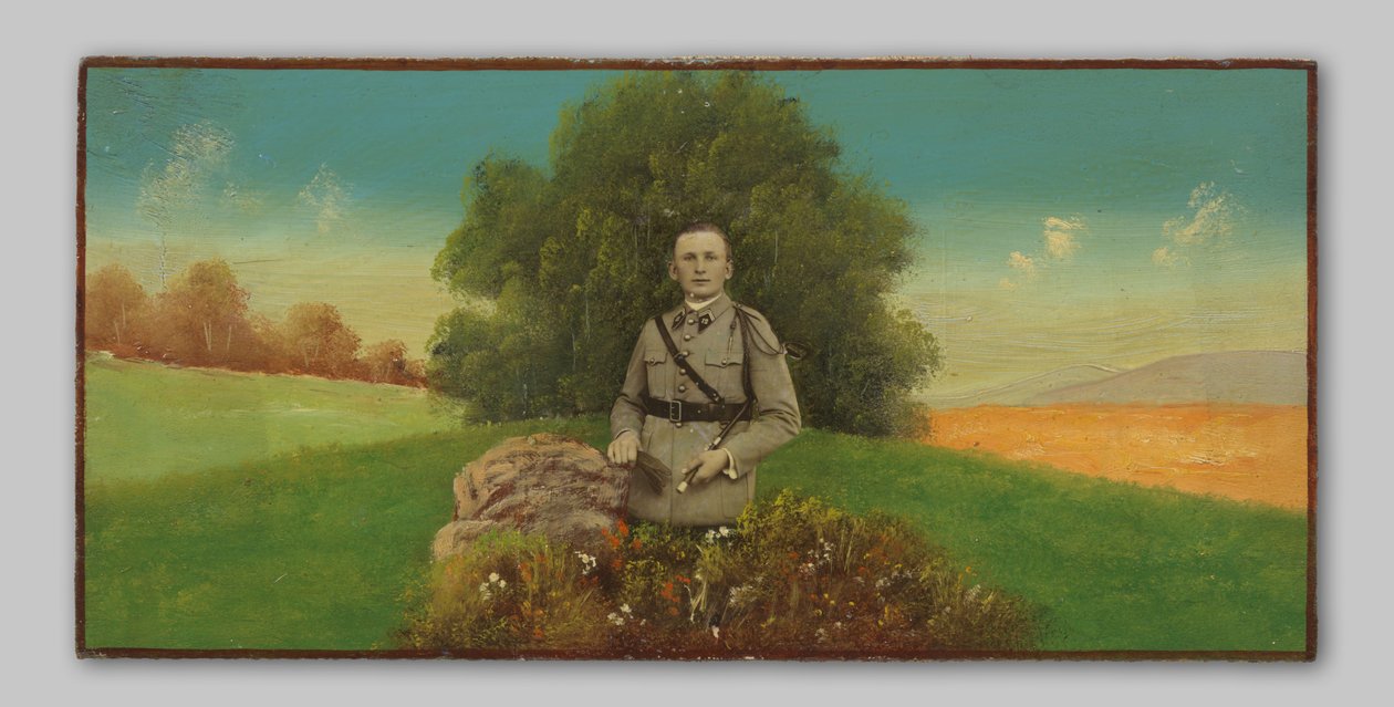 Porträtt av en okänd soldat i ett målat landskap av Anonymous