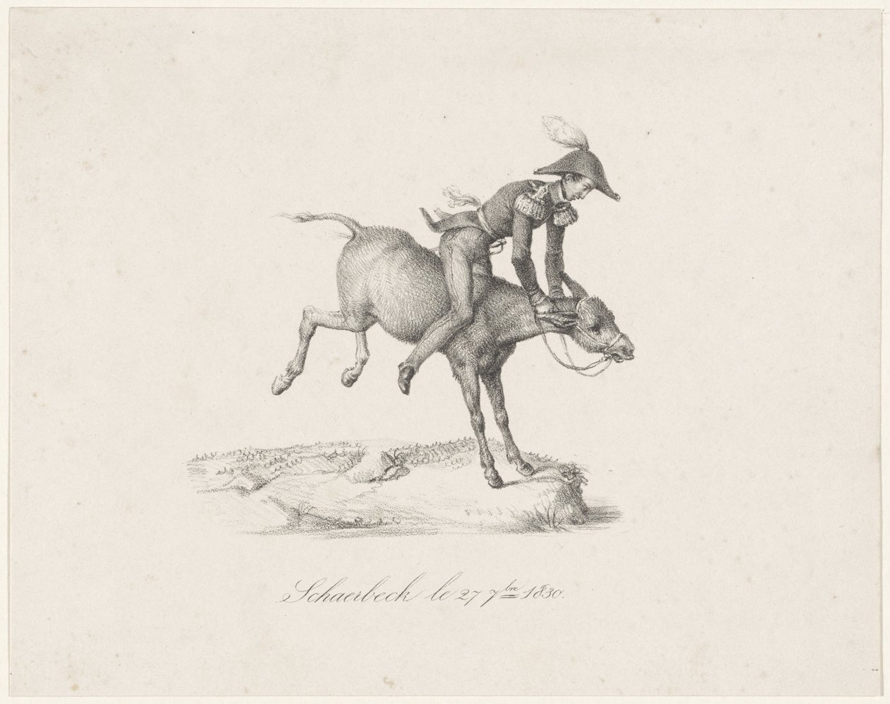 Prins Fredrik på åsnan, 1830 Schaerbeck le 27 7bre 1830 (titel på objekt) av Anonymous