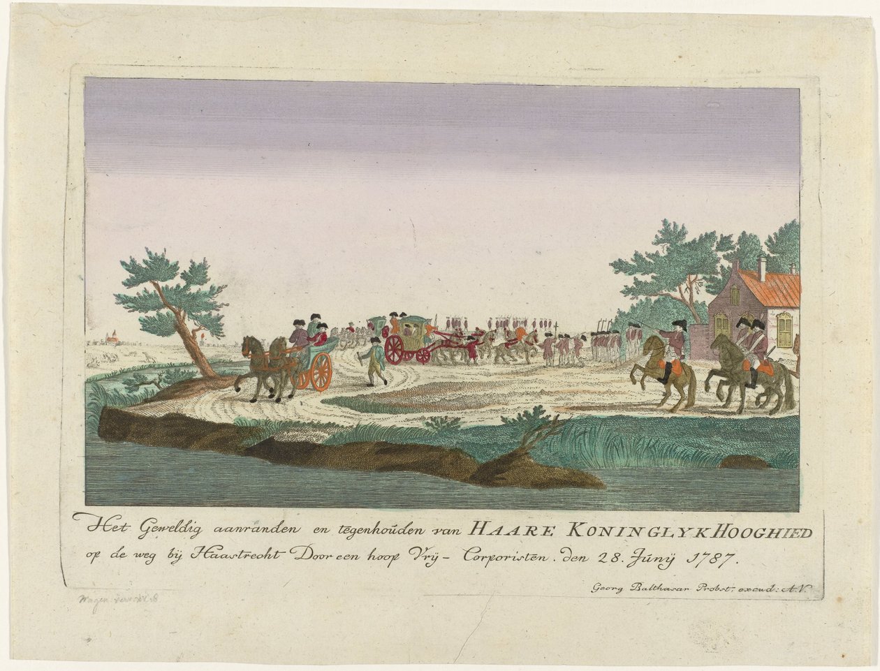Prinsessan av Orange hölls i Goejanverwellesluis, 1787 Den stora attacken och stopp av Haare Koninglyk Hooghied på vägen nära Haastrecht Av en hel del Vrij-Corporisten. den 28 juni 1787 (titel på objekt) Färgade tyska tryck om d av Anonymous
