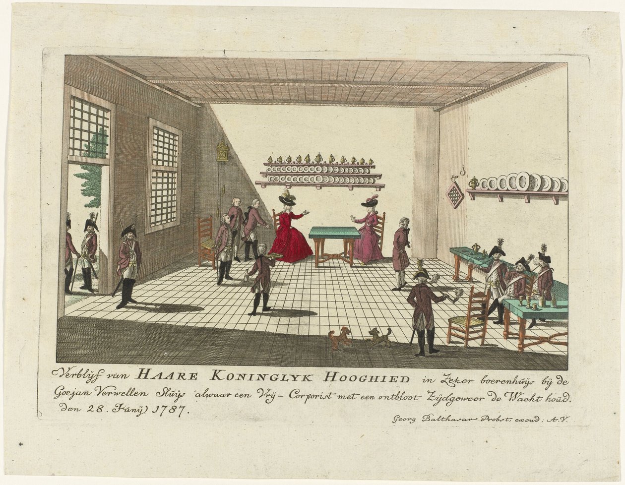 Prinsessan av Orange i vaktrummet i Goejanverwellesluis, 1787 Haare Koninglyk Hooghieds vistelse i en viss bondes hus nära Goejan Verwellen Sluijs, där en Vrij-Corpist håller vakt med ett nakent sidogevär. den 28 juni 1787 (titel på föremålet av Anonymous
