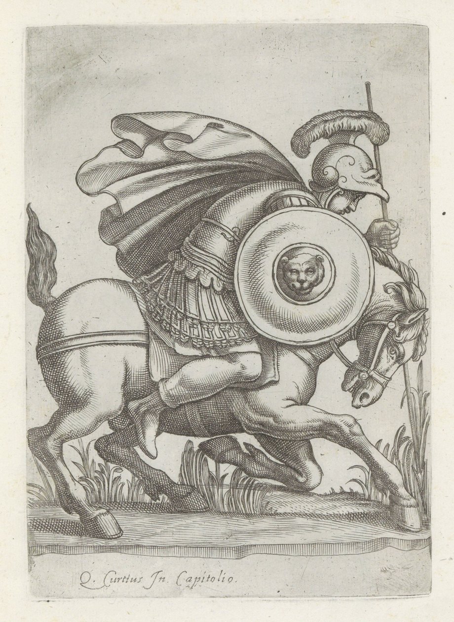 Reliëf met de daad van Marcus Curtius Antika skulpturer i Rom (serietitel) Ikoner av de antika statyerna av staden Rom som ses på offentliga platser (serietitel) av Anonymous