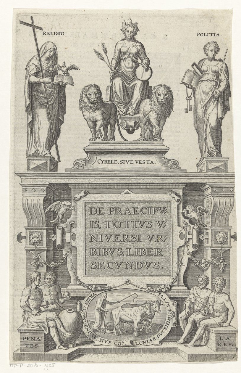 Rhea, Religion, Bestuur och Husgoden Titelsida för: Georg Braun och Franz Hogenberg, Om de viktigaste städerna i hela universum, andra boken, s.a. av Anonymous