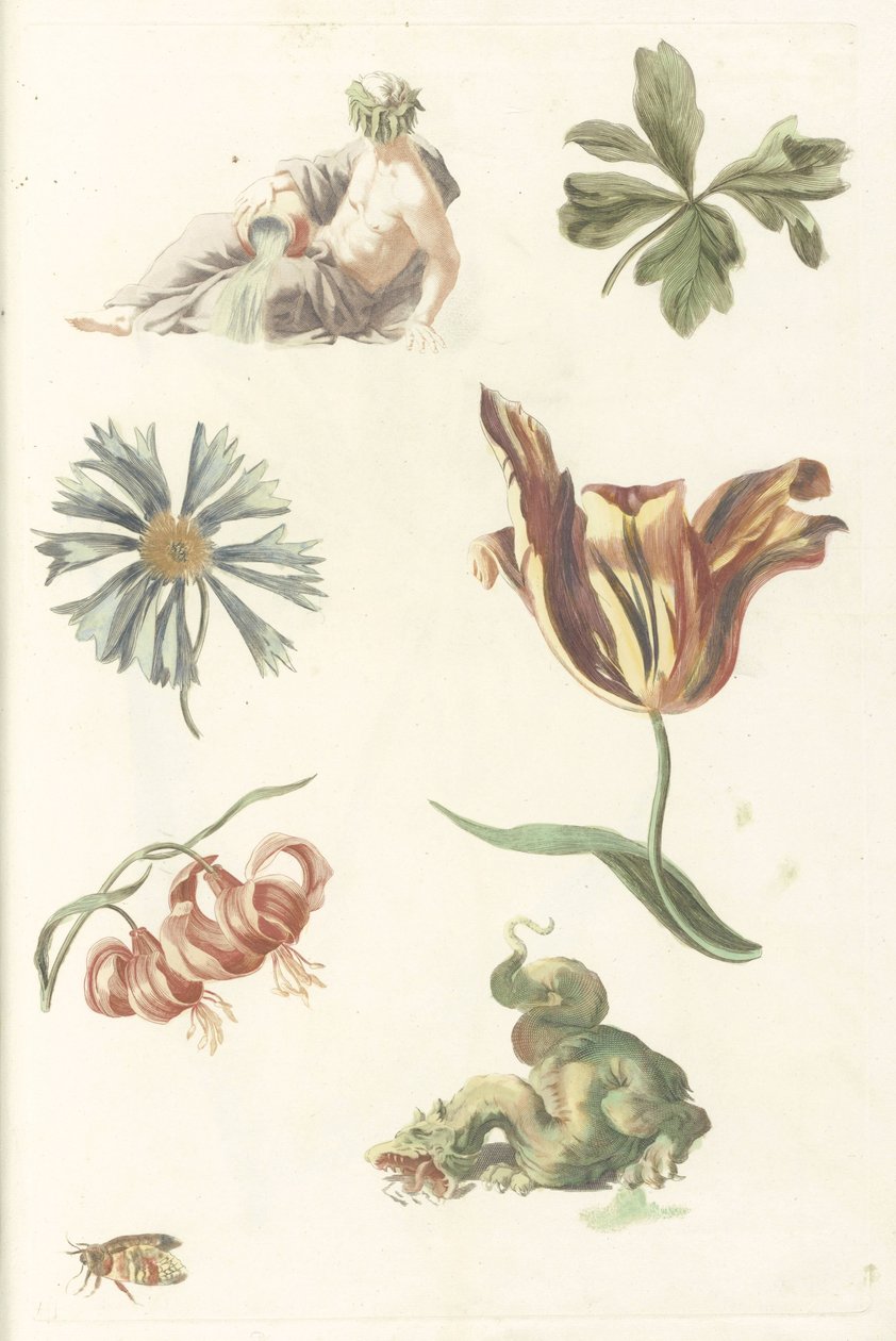 Flodgud, en drake och fyra blommor av Anonymous