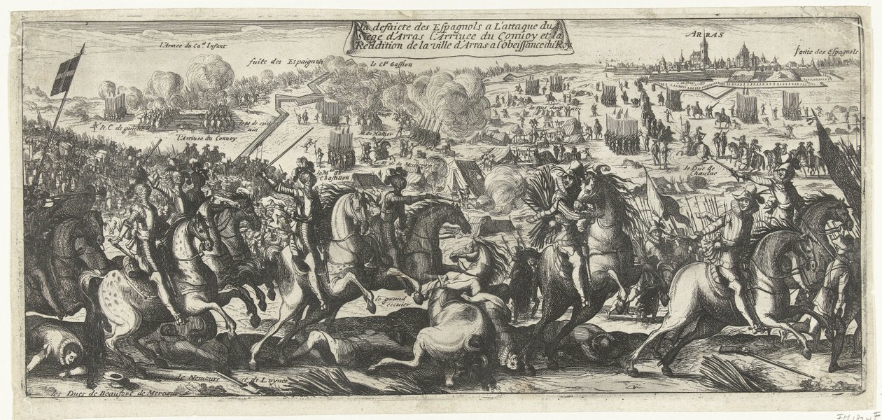 Ruiter Gevecht bij Arras, 1640 Spanjorernas nederlag vid attacken mot belägringen av Arras Konvojens ankomst och staden Arras överlämnande till kungens lydnad (titel på objektet) av Anonymous