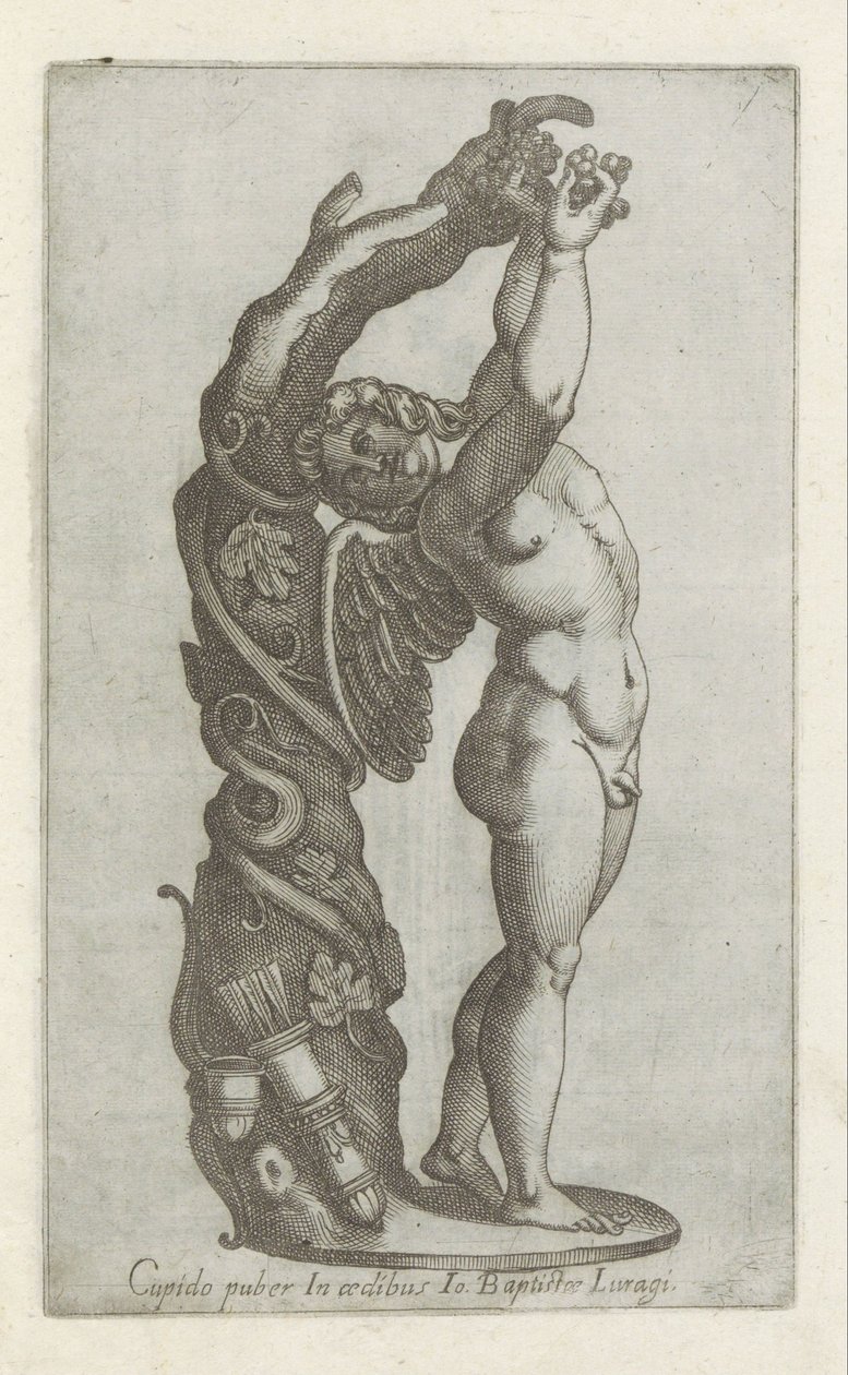 Sculptuur van Amor die druiven plukt Cupido puber i Io Baptiste Lugaris hus (titel på objekt) Antika skulpturer i Rom (serietitel) Ikoner av de antika statyerna av staden Rom som ses på offentliga platser (serietitel) av Anonymous