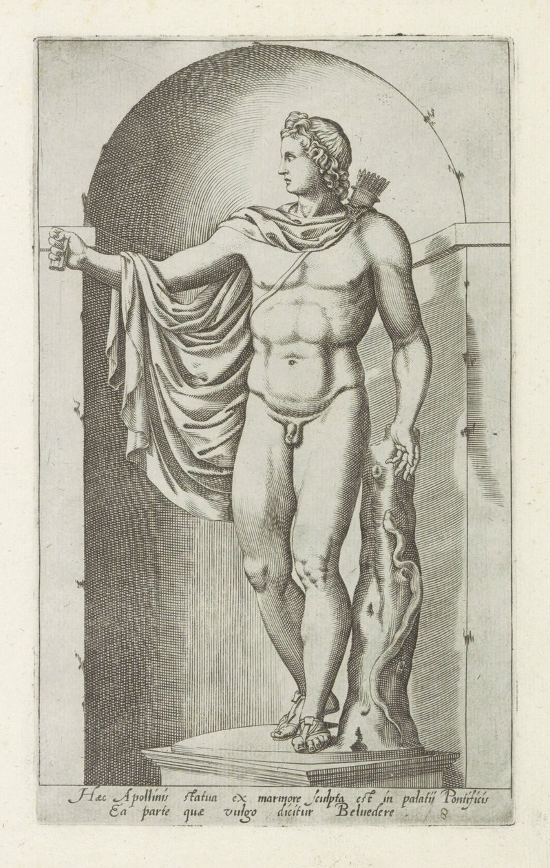 Skulptur av Apollon Apollo Belvedere Denna staty av Apollo ristades ur marmor i det påvliga palatset (...) (titel på objektet) Antika skulpturer i Rom (serietitel) Ikoner av de antika statyerna av staden Rom som ses på offentliga platser (serie t av Anonymous
