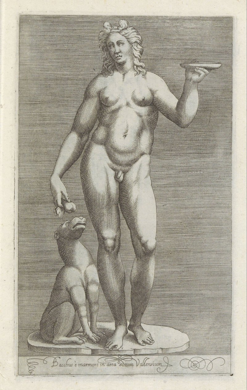 Skulptur av Bacchus en en hund Bacchus och marmor i området kring Vallens palats (titel på objektet) Antika skulpturer i Rom (serietitel) Ikoner av de antika statyerna av staden Rom som ses på offentliga platser (serietitel) av Anonymous