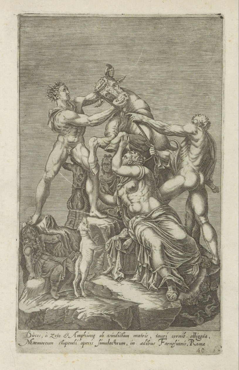 Skulptur av Dirce som är bunden Farnese Stier Dirces, till Zeto och Amphion för sin mors hämnd (...) (titel på objekt) Antika skulpturer i Rom (serietitel) Ikoner av de gamla statyerna av staden Rom som ses på offentliga platser av Anonymous