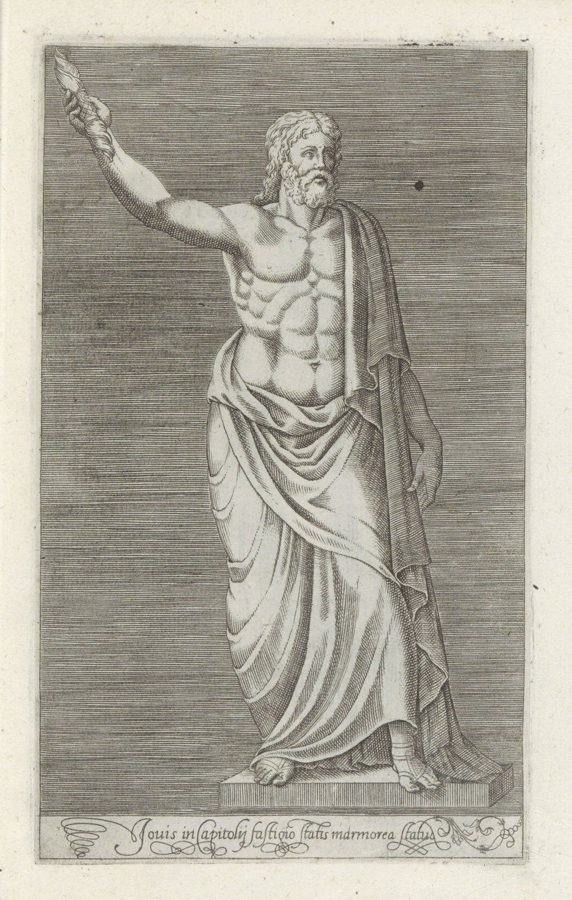 Skulptur av Jupiter En marmorstaty av Jupiter som står på toppen av Capitolium (titel på objekt) Antika skulpturer i Rom (serietitel) Ikoner av de antika statyerna av staden Rom som ses på offentliga platser (serietitel) av Anonymous