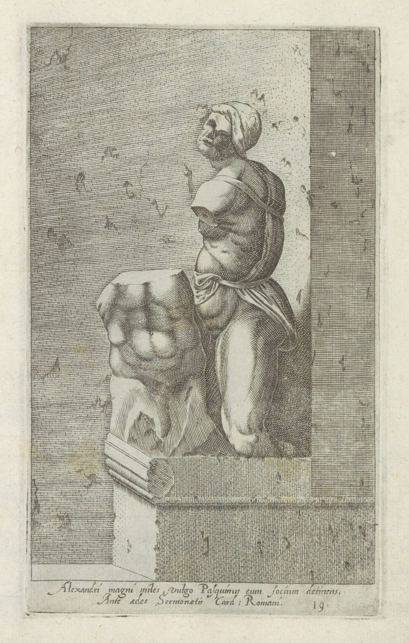 Skulptur av Pasquino En soldat till Alexander den store, allmänt känd som Pasquinus, som håller i Phocius (...) (titel på objektet) Antika skulpturer i Rom (serietitel) Ikoner av de antika statyerna av staden Rom som ses på offentliga platser (serietitel) av Anonymous