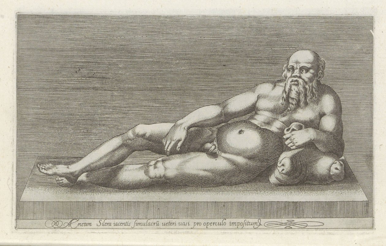 Skulptur av Silenus En bronsstaty av Aeneas Silenus liggande på en gammal vas placerad som omslag (titel på föremål) Antika skulpturer i Rom (serietitel) Ikoner av de antika statyerna av staden Rom som ses på offentliga platser (serietitel) av Anonymous