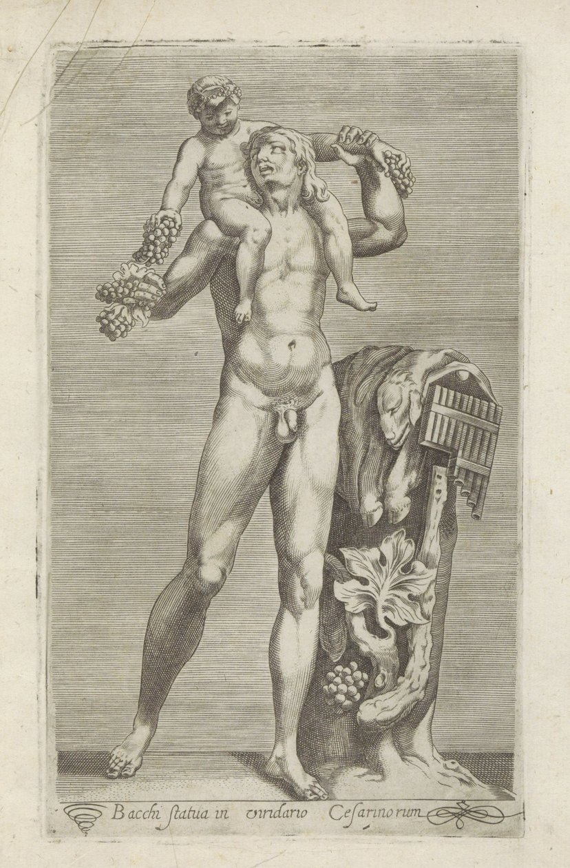 Sculptuur van Silenus med den unge Bacchus på zijn schouders Statyn av Bacchus i Caesars trädgård (titel på objekt) Antika skulpturer i Rom (serietitel) Ikoner av de antika statyerna av staden Rom som ses på offentliga platser (serietitel) av Anonymous