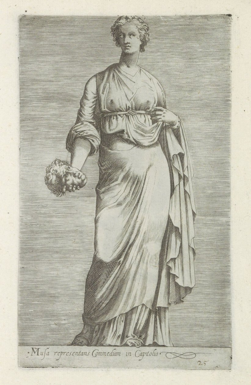 Sculptuur van Thaleia, muze van de komedie Musa som representerar komedi i Capitolium (titel på objekt) Antika skulpturer i Rom (serietitel) Ikoner av de antika statyerna av staden Rom som ses på offentliga platser (serietitel) av Anonymous