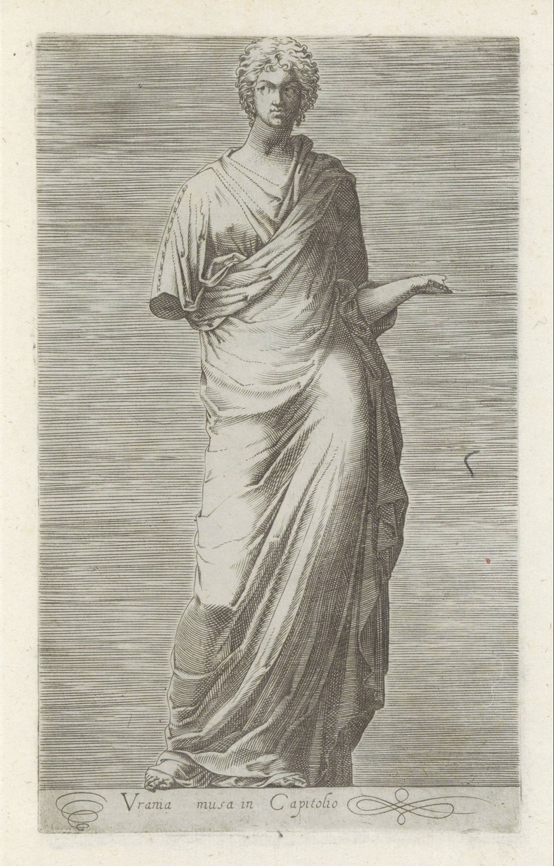 Sculptuur van Urania, muze van de starskunde Musan Urania i Capitolium (titel på objekt) Antika skulpturer i Rom (serietitel) Ikoner av de antika statyerna av staden Rom som ses på offentliga platser (serietitel) av Anonymous