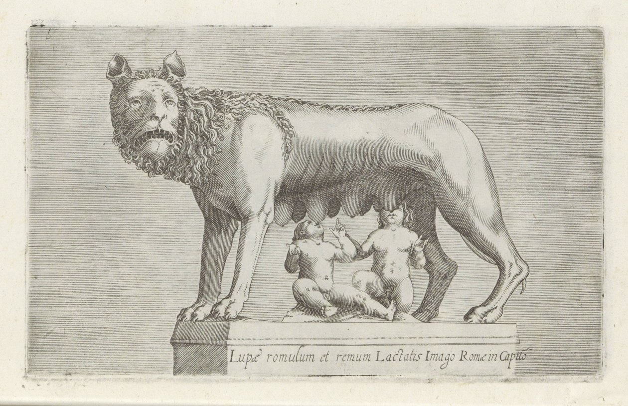 Sculptuur van de Lupa Capitolina die de tweeling Romulus en Remus zoogt Romulus och Remus ammar vargbilden av Rom i Capito (titel på objekt) Antika skulpturer i Rom (serietitel) Av de antika statyer av staden Rom som är att se på offentliga platser ic av Anonymous
