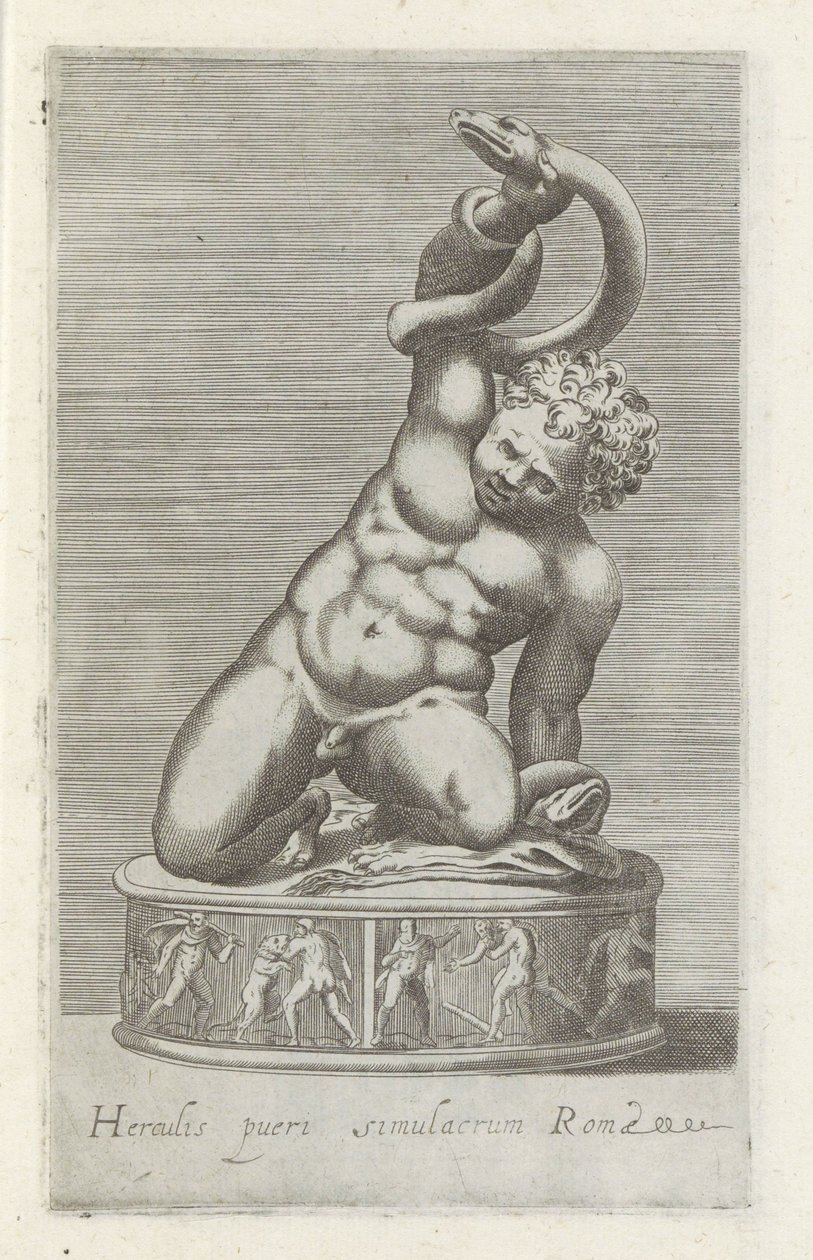 Sculptuur van de unge Hercules i strid med en slang Staty av Hercules, Roms barn (titel på objektet) Antika skulpturer i Rom (serietitel) Ikoner av de antika statyerna av staden Rom som ses på offentliga platser (serietitel) av Anonymous