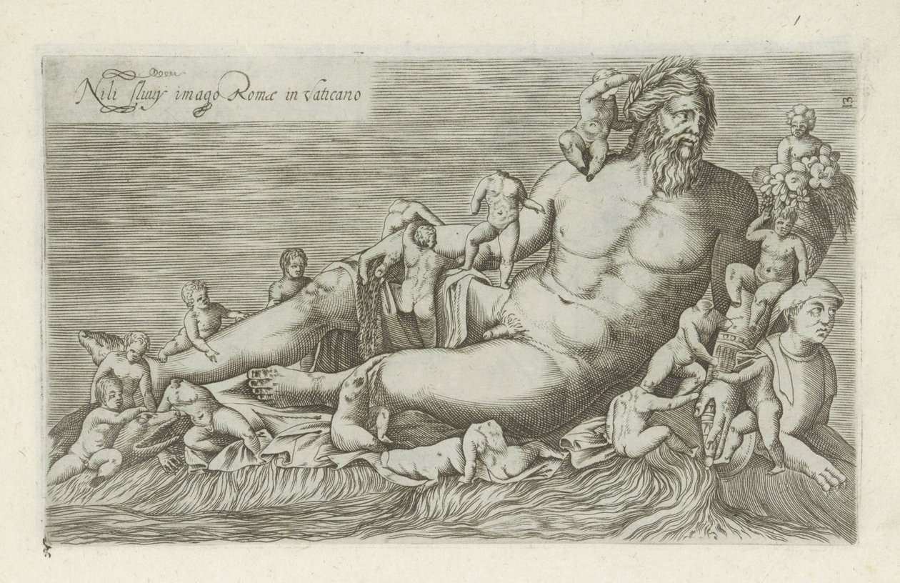 Sculptuur van de rivier de Nijl Nilen fluvy bild av Rom i Vatikanen (titel på objekt) Antika skulpturer i Rom (serietitel) Ikoner av de antika statyerna av staden Rom som ses på offentliga platser (serietitel) av Anonymous