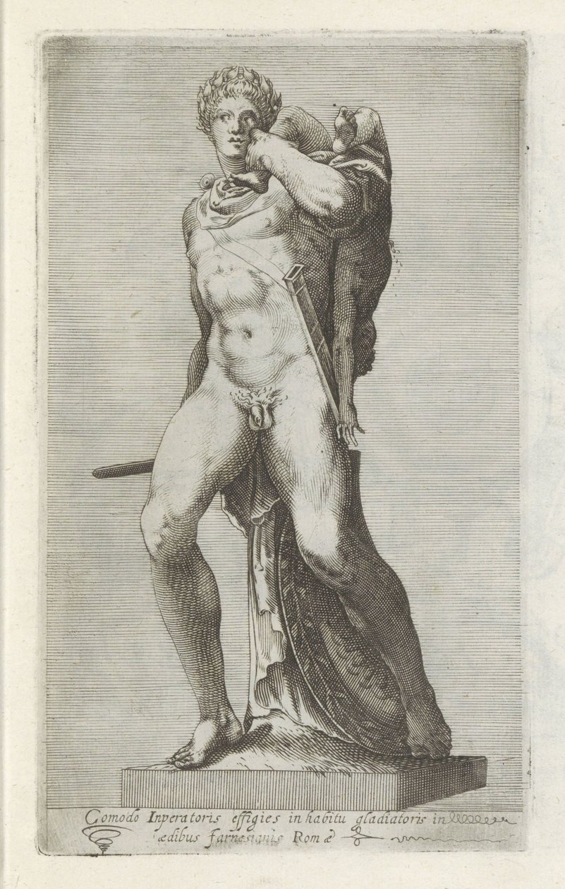Skulptur av keizer Commodus är gladiator Ett bekvämt porträtt av kejsaren i en gladiators kostym (...) (titel på objekt) Antika skulpturer i Rom (serietitel) Ikoner av de antika statyerna av staden Rom som ses på offentliga platser (serietitel) av Anonymous