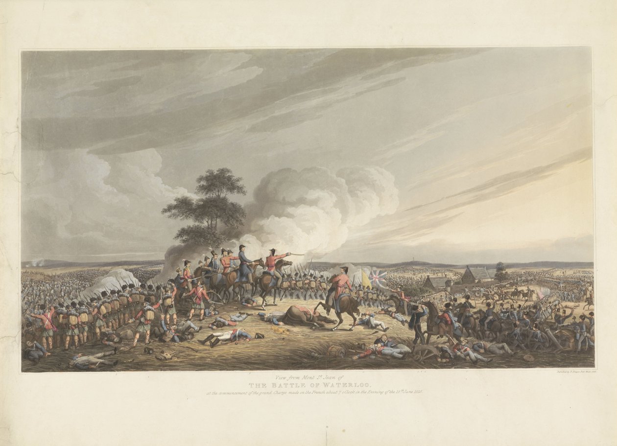Slag bij Waterloo, 1815 Utsikt från Mont St. Jean av slaget vid Waterloo, vid inledningen av den storslagna attacken mot fransmännen omkring klockan 7 på kvällen den 18 juni 1815 (titel på objektet) av Anonymous