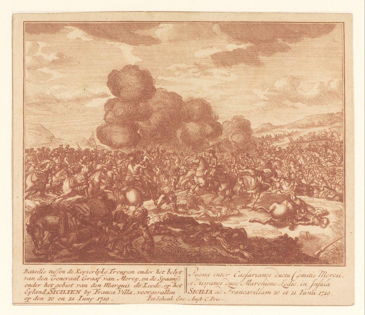 Strid mellan kejserliga trupper och spanjorerna på Sicilien, juni 1719 Bataille mellan Keyserlijke Troupen under kontroll av general Graaf van Mercy, och spanjorerna under kontroll av markis de Leede (...) (titel på objekt) av Anonymous