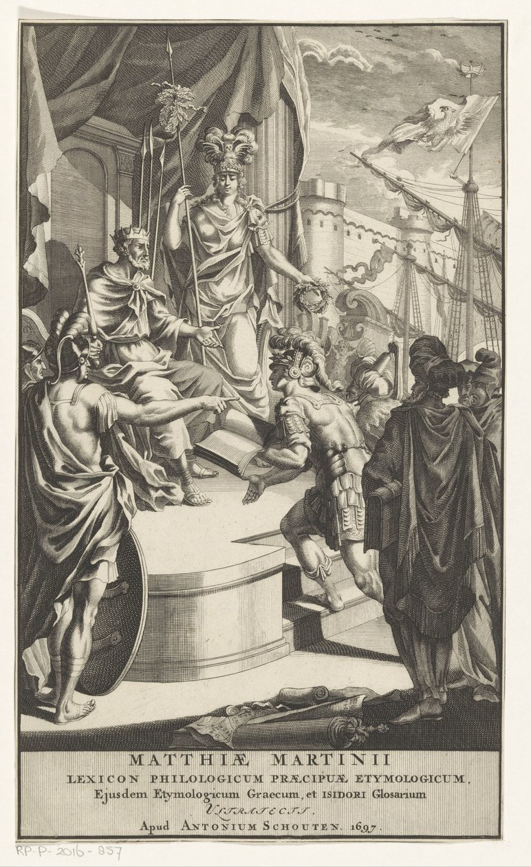 Soldat ger en bok till kungen Titelsida för: Matthias Martinius, Lexicon philologicum praecipuae etymologicum, 1697 av Anonymous