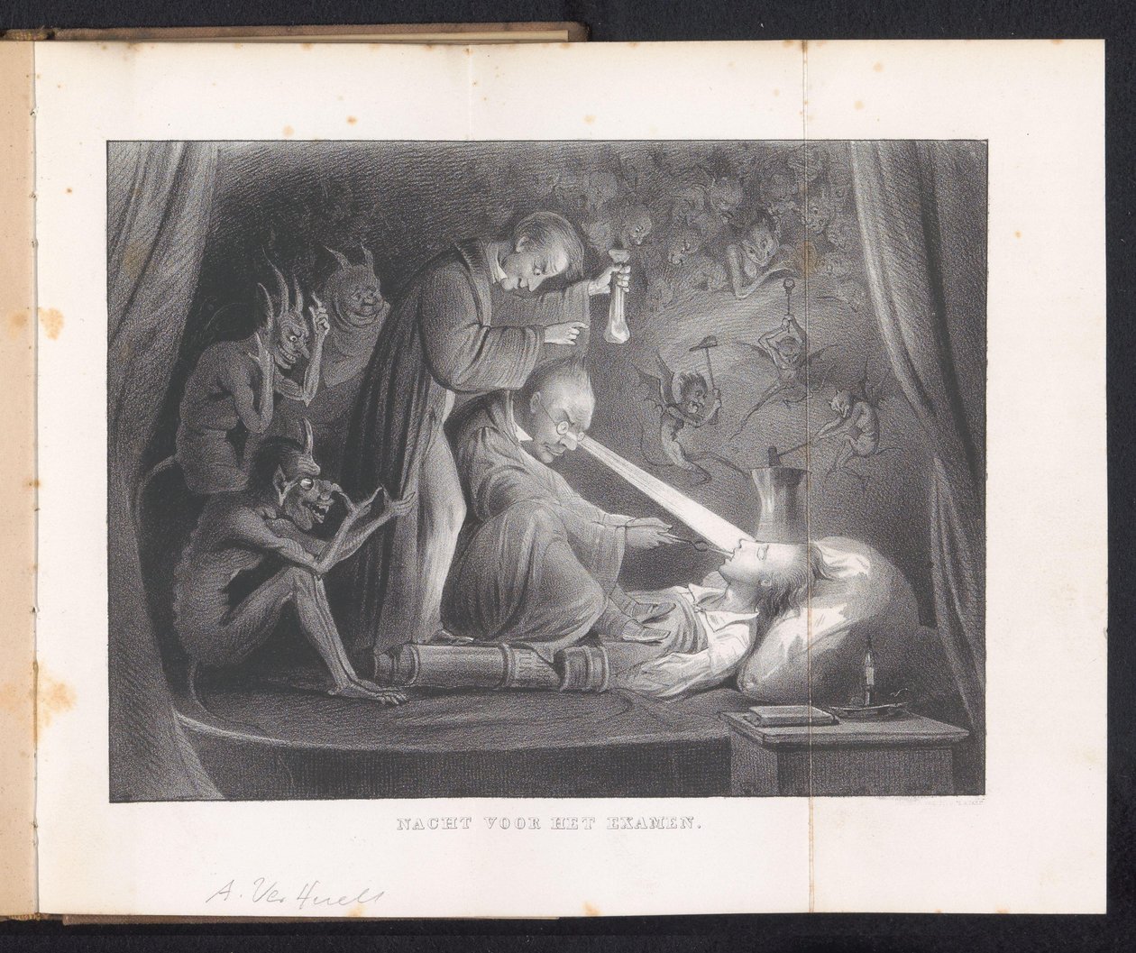 Tecknad i Leiden studentalmanacka, 1844 Natten före tentamen (titel på objekt) av Anonymous