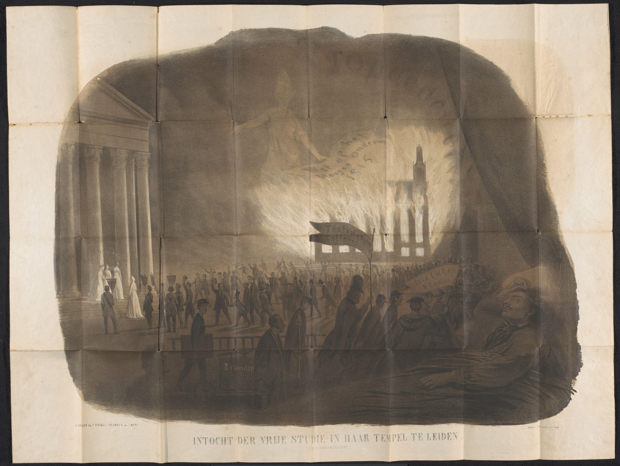 Tecknad i Leiden studentalmanacka, 1866 Inträde för gratis studie i hennes tempel i Leiden (en drömvision) (titel på objekt) av Anonymous