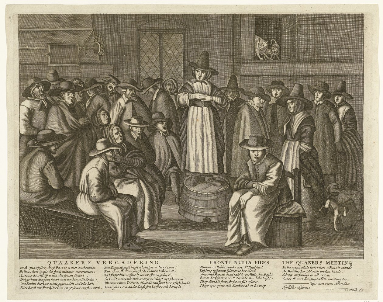 Tecknad film om de engelska kväkarna, ca 1656 Quaaker Meeting / Fronti Nulla Fides / The Quakers Meeting (titel på objekt) av Anonymous