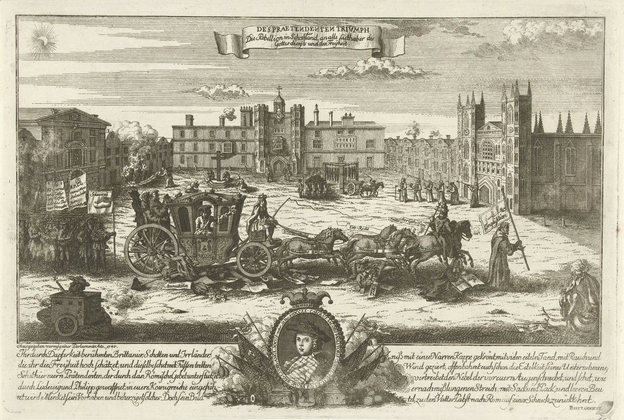 Spotprent op de Engelse pretendent Charles Edward Stuart, 1745 Despreendenten Trivmph / Upproret i Skottland till alla älskare av dyrkan och frihet (titel på föremål) av Anonymous