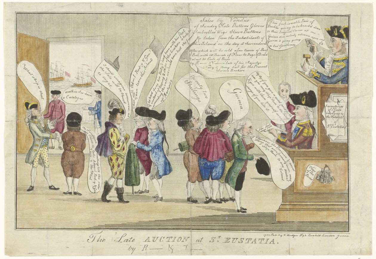 Tecknad film av engelsmännen på St. Eustatius, 1781 Den sena auktionen på St. Eustatia (titel på objekt) av Anonymous